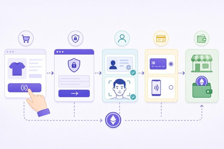 Four-Step Hosted Card-To-Crypto Checkout Journey With Identity Verification