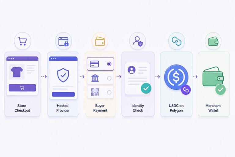 Woocommerce Usdc Payment Gateway Flow From Storefront Checkout Through A Hosted Provider To A Merchant Wallet.