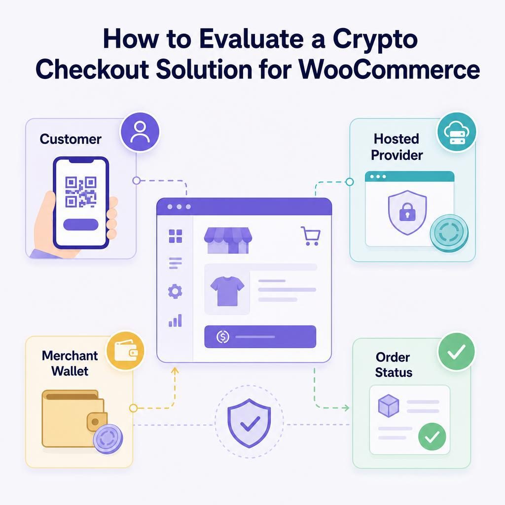 Woocommerce Crypto Checkout Solution Responsibility Map Showing Customer, Hosted… Woocommerce Crypto Checkout Solution Responsibility Map Showing Customer, Hosted Provider, Merchant Wallet, And Order Confirmation.
