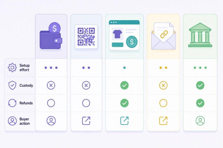 Comparison Of Cryptocurrency Checkout Options By Setup Effort, Custody, And Refunds.