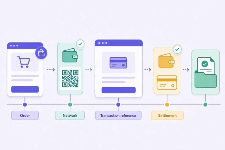 Crypto Payment Journey From Website Order Through Transaction Matching To Wallet Settlement.