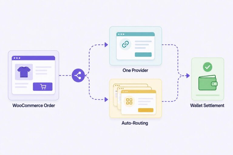 Woocommerce Crypto Provider Routing Flow From Checkout Through Hosted Provider Selection To Merchant Wallet Settlement